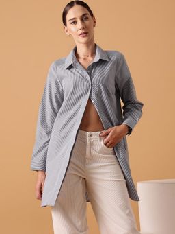 STREET 9 - Grey Cotton Oversized Stripes Shirt