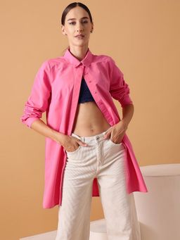 STREET 9 - Pink Cotton Oversized Solid Shirt