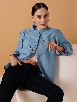 STREET 9 - Womens Blue Denim Comfortable Solid Shirt