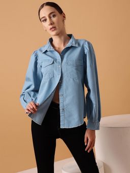 STREET 9 - Blue Women Denim Comfortable Solid Shirt