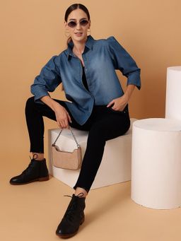 STREET 9 - Women Blue Denim Solid Shirt
