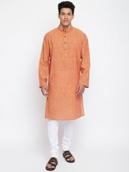 Fabindia - Orange Cotton Blend Striped Long Kurta
