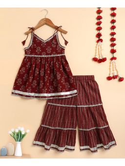 The Magic Wand - Girls Maroon Cotton Shoulder Tie Ups Printed Sharara Set
