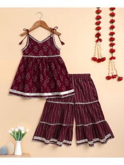 The Magic Wand - Girls Brown Cotton Shoulder Tie Ups Printed Sharara Set