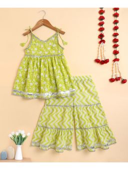 The Magic Wand - Girls Light Green Cotton Shoulder Tie Ups Printed Sharara Set
