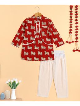 The Magic Wand - Boys Red and White Ethnic Printed Kurta and Pyjama Set