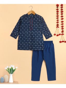 The Magic Wand - Boys Blue Cotton Printed Kurta and Pyjama Set
