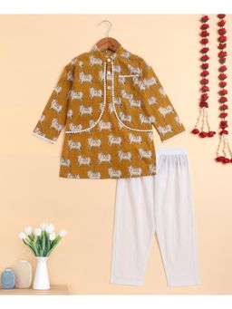 The Magic Wand - Boys Mustard and White Ethnic Printed Kurta and Pyjama Set
