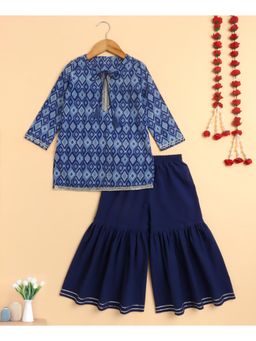 The Magic Wand - Girls Blue Cotton Ethnic Printed Kurta and Sharara Set