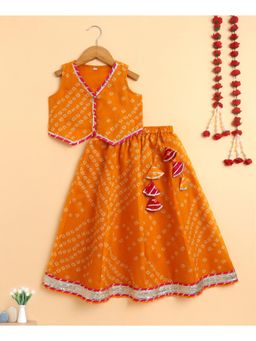 The Magic Wand - Girls Yellow Kota Doriya Bandhani Lehenga Set