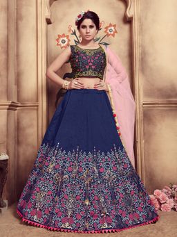 Odette - Dark Blue Silk Foil Work Semi Stitched Lehenga With Unstitched Blouse (Set of 3)