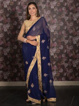 Odette - Women Navy Blue Chiffon Embroidered Saree