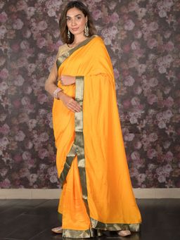 Odette - Women Yellow Silk Blend Solid Saree with Unstitched Blouse