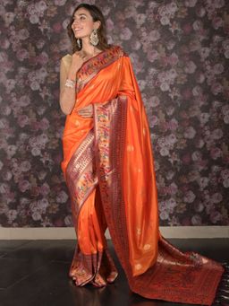 Odette - Women Orange Silk Blend Woven Saree with Unstitched Blouse