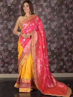 Odette - Women Pink Silk Blend Floral Saree with Unstitched Blouse