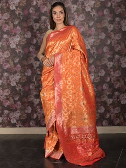 Odette - Women Orange Silk Woven Saree with Unstitched Blouse