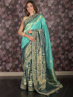 Odette - Women Teal Silk Blend Embroidered Saree with Unstitched Blouse