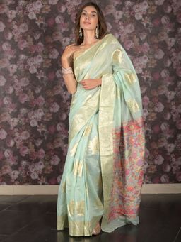 Odette - Women Green Cotton Blend Floral Saree with Unstitched Blouse