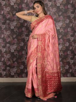 Odette - Women Pink Satin Embroidered Saree with Unstitched Blouse