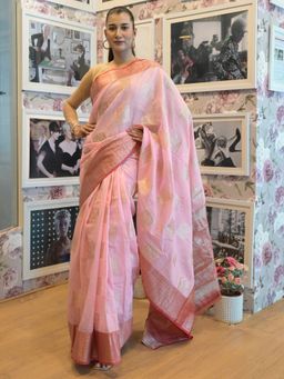 Odette - Women Pink Cotton Blend Woven Saree with Unstitched Blouse