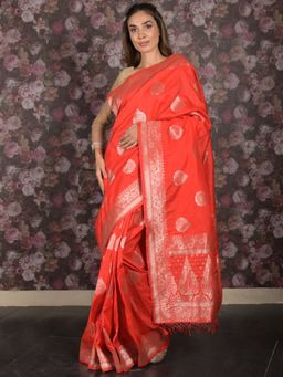 Odette - Women Red Silk Blend Woven Saree with Unstitched Blouse