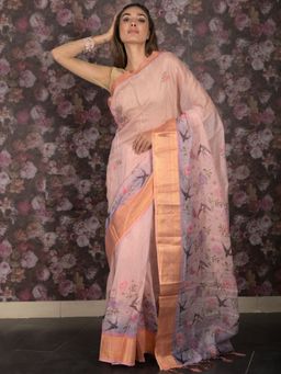 Odette - Women Peach Cotton Blend Floral Saree with Unstitched Blouse