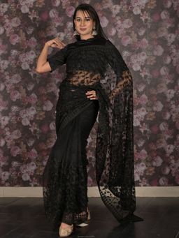 Odette - Women Black Net Embroidered Saree with Unstitched Blouse