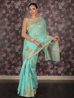 Odette - Women Blue Cotton Blend Woven Saree with Unstitched Blouse