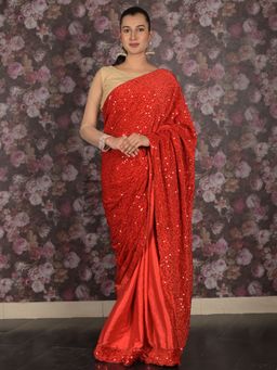 Odette - Women Red Satin Embellished Saree with Unstitched Blouse