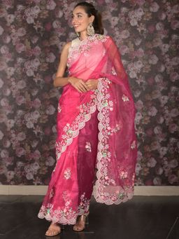 Odette - Women Magenta Organza Embroidered Saree with Unstitched Blouse