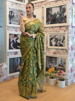 Odette - Women Green Silk Blend Woven Saree with Unstitched Blouse