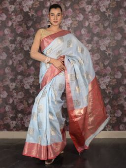 Odette - Women Blue Silk Blend Woven Saree with Unstitched Blouse