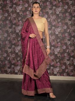 Odette - Women Wine Crepe Embroidered Saree with Unstitched Blouse