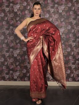 Odette - Women Maroon Silk Blend Woven Saree with Unstitched Blouse