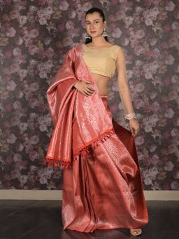 Odette - Women Orange Silk Blend Woven Saree with Unstitched Blouse