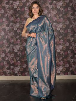 Odette - Women Teal Silk Blend Woven Saree with Unstitched Blouse