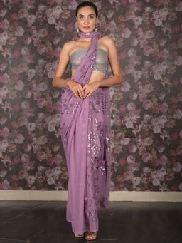 Odette - Women Lavender Georgette Embellished Saree with Unstitched Blouse