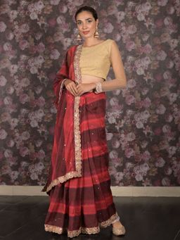 Odette - Women Maroon Crepe Stripes Saree with Unstitched Blouse