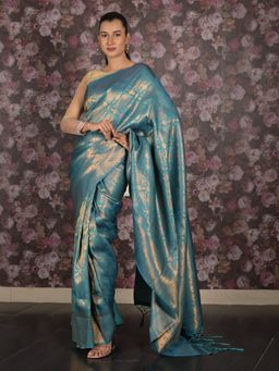 Odette - Women Green Cotton Blend Woven Saree with Unstitched Blouse