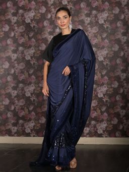 Odette - Women Navy Blue Lycra Embellished Saree with Unstitched Blouse