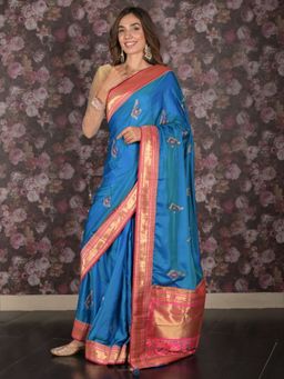 Odette - Women Blue Satin Embroidered Saree with Unstitched Blouse