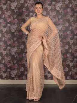 Odette - Women Beige Net Embroidered Saree with Unstitched Blouse