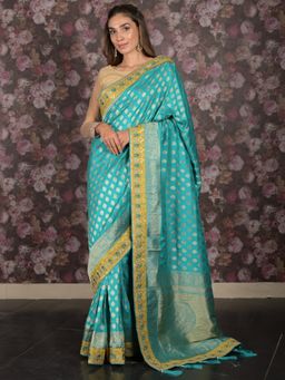Odette - Women Blue Silk Blend Woven Saree with Unstitched Blouse