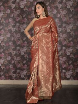 Odette - Women Brown Silk Blend Woven Saree with Unstitched Blouse