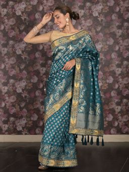 Odette - Women Teal Silk Blend Woven Saree with Unstitched Blouse