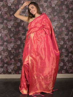 Odette - Women Pink Silk Blend Woven Saree with Unstitched Blouse