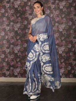 Odette - Women Navy Blue Organza Embroidered Saree with Unstitched Blouse