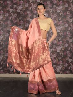 Odette - Women Peach Lycra Woven Saree