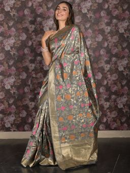 Odette - Women Grey Silk Blend Floral Saree with Unstitched Blouse