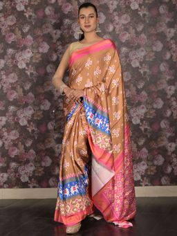 Odette - Women Tan Crepe Printed Saree with Unstitched Blouse